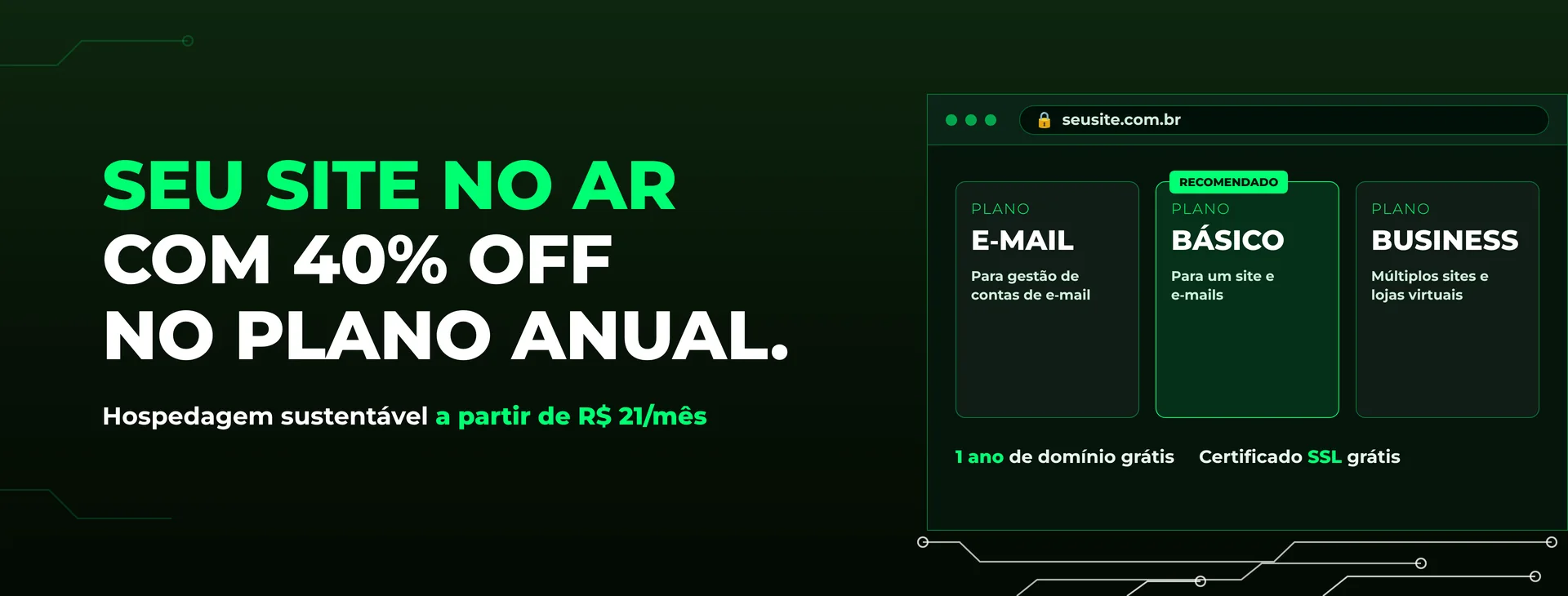 Hospedagem de sites com 40% de desconto no plano anual: planos E-mail, Básico e Business